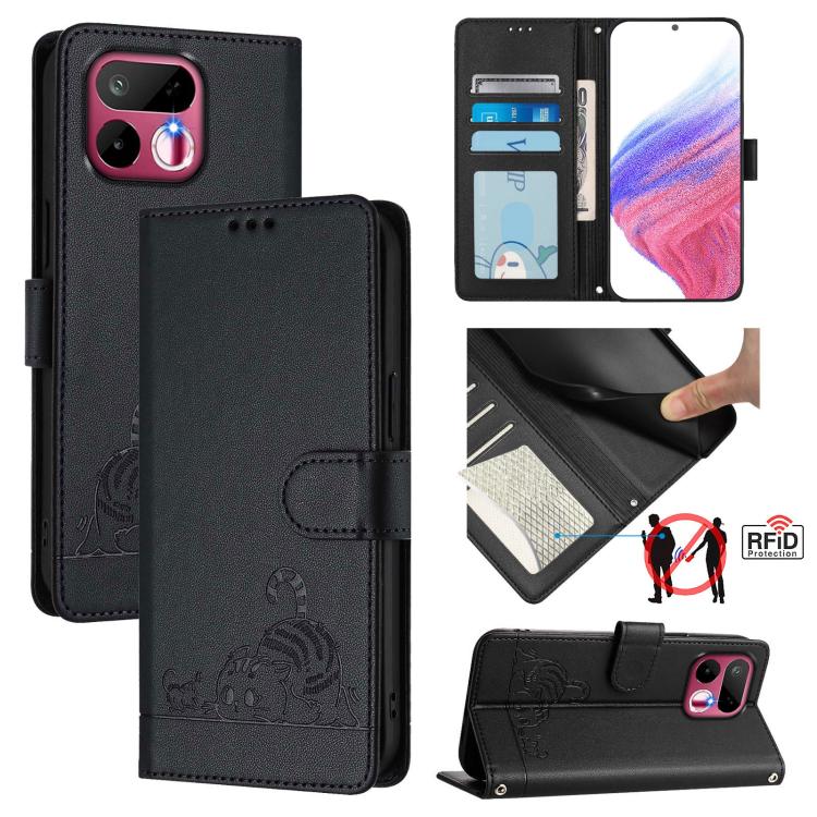 Cat Rat Embossed Pattern RFID Leather Phone Case with Lanyard, For Realme P4x 5G / OnePlus Nord CE6 Lite, For Realme 16T 5G Global, For Realme C100 5G / C85 5G Global, For Realme P4 Power 5G, For Realme Note 80 4G Global, For Realme C83 5G India / C85 ...