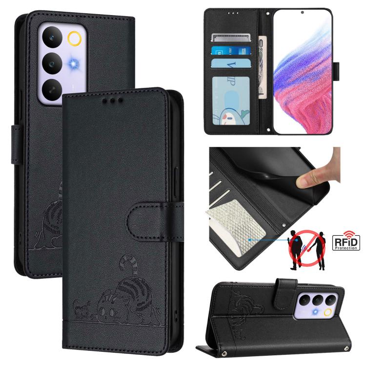 Cat Rat Embossed Pattern RFID Leather Phone Case with Lanyard, For Realme P4x 5G / OnePlus Nord CE6 Lite, For Realme 16T 5G Global, For Realme C100 5G / C85 5G Global, For Realme P4 Power 5G, For Realme Note 80 4G Global, For Realme C83 5G India / C85 ...