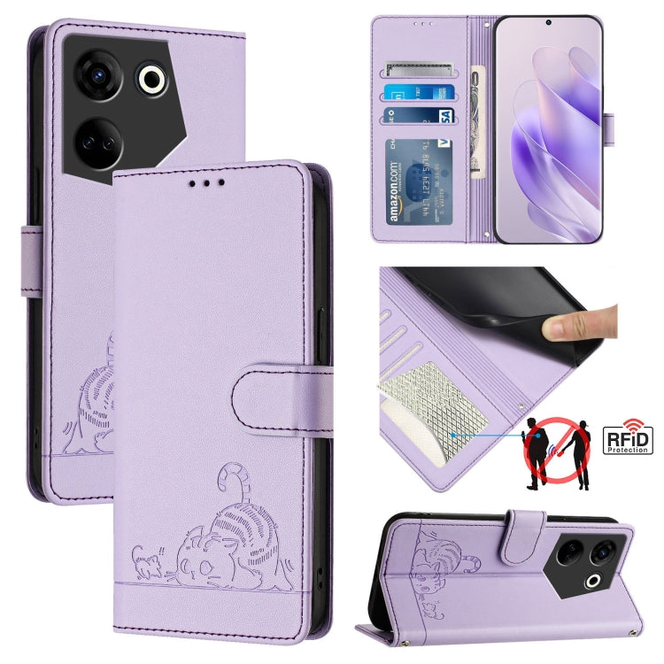 Cat Rat Embossed Pattern RFID Leather Phone Case with Lanyard, For Tecno Pova 6 4G, For Tecno Camon 30 Pro 5G, For Tecno Camon 30 5G CL7, For Tecno Camon 30 4G, For Tecno Camon 30 5G, For Tecno Spark 20 Pro+, For Tecno Spark 20 Pro, For Tecno Spark 20C...