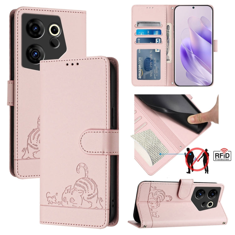 Cat Rat Embossed Pattern RFID Leather Phone Case with Lanyard, For Tecno Pova 6 4G, For Tecno Camon 30 Pro 5G, For Tecno Camon 30 5G CL7, For Tecno Camon 30 4G, For Tecno Camon 30 5G, For Tecno Spark 20 Pro+, For Tecno Spark 20 Pro, For Tecno Spark 20C...