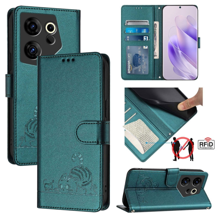 Cat Rat Embossed Pattern RFID Leather Phone Case with Lanyard, For Tecno Pova 6 4G, For Tecno Camon 30 Pro 5G, For Tecno Camon 30 5G CL7, For Tecno Camon 30 4G, For Tecno Camon 30 5G, For Tecno Spark 20 Pro+, For Tecno Spark 20 Pro, For Tecno Spark 20C...