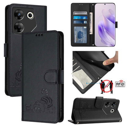 Cat Rat Embossed Pattern RFID Leather Phone Case with Lanyard, For Tecno Pova 6 4G, For Tecno Camon 30 Pro 5G, For Tecno Camon 30 5G CL7, For Tecno Camon 30 4G, For Tecno Camon 30 5G, For Tecno Spark 20 Pro+, For Tecno Spark 20 Pro, For Tecno Spark 20C...
