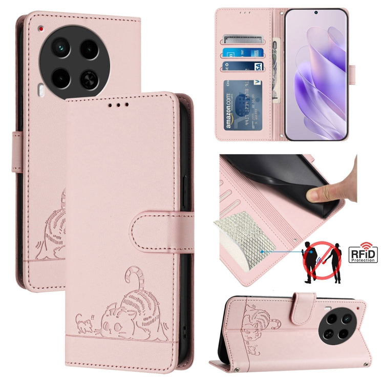 Cat Rat Embossed Pattern RFID Leather Phone Case with Lanyard, For Tecno Pova 6 4G, For Tecno Camon 30 Pro 5G, For Tecno Camon 30 5G CL7, For Tecno Camon 30 4G, For Tecno Camon 30 5G, For Tecno Spark 20 Pro+, For Tecno Spark 20 Pro, For Tecno Spark 20C...