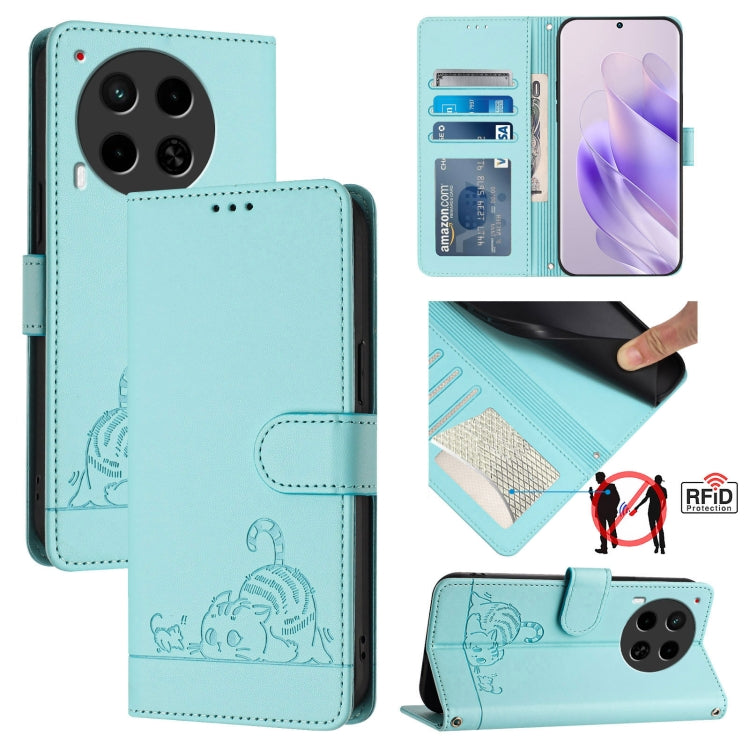 Cat Rat Embossed Pattern RFID Leather Phone Case with Lanyard, For Tecno Pova 6 4G, For Tecno Camon 30 Pro 5G, For Tecno Camon 30 5G CL7, For Tecno Camon 30 4G, For Tecno Camon 30 5G, For Tecno Spark 20 Pro+, For Tecno Spark 20 Pro, For Tecno Spark 20C...