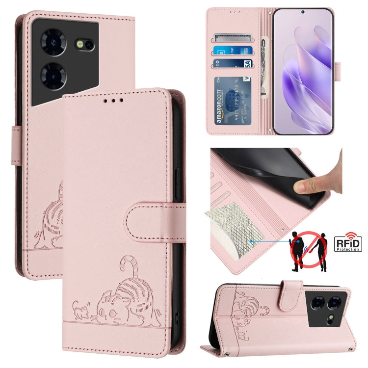 Cat Rat Embossed Pattern RFID Leather Phone Case with Lanyard, For Tecno Pova 6 4G, For Tecno Camon 30 Pro 5G, For Tecno Camon 30 5G CL7, For Tecno Camon 30 4G, For Tecno Camon 30 5G, For Tecno Spark 20 Pro+, For Tecno Spark 20 Pro, For Tecno Spark 20C...