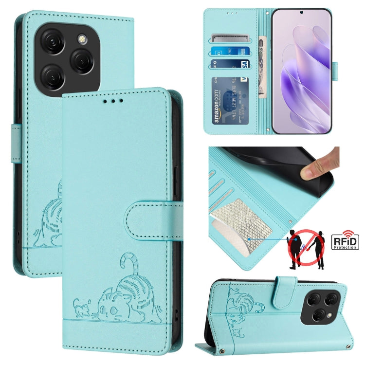 Cat Rat Embossed Pattern RFID Leather Phone Case with Lanyard, For Tecno Pova 6 4G, For Tecno Camon 30 Pro 5G, For Tecno Camon 30 5G CL7, For Tecno Camon 30 4G, For Tecno Camon 30 5G, For Tecno Spark 20 Pro+, For Tecno Spark 20 Pro, For Tecno Spark 20C...