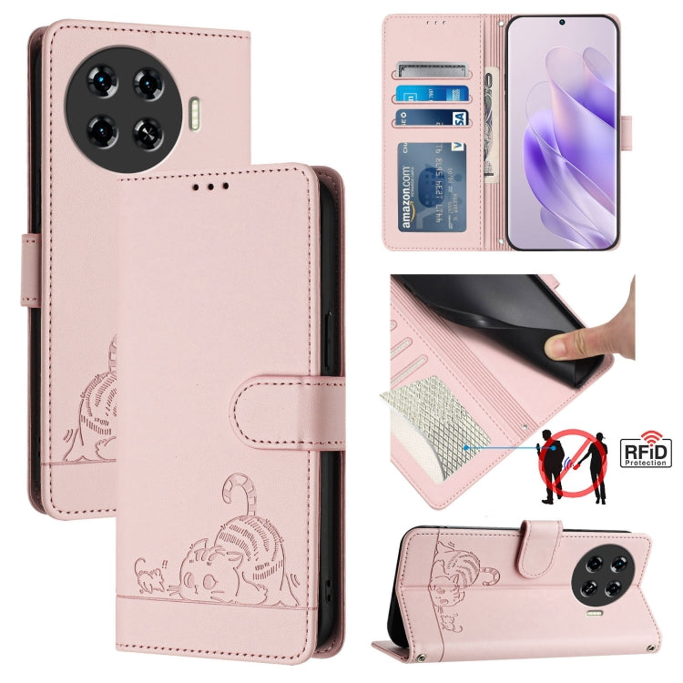 Cat Rat Embossed Pattern RFID Leather Phone Case with Lanyard, For Tecno Pova 6 4G, For Tecno Camon 30 Pro 5G, For Tecno Camon 30 5G CL7, For Tecno Camon 30 4G, For Tecno Camon 30 5G, For Tecno Spark 20 Pro+, For Tecno Spark 20 Pro, For Tecno Spark 20C...