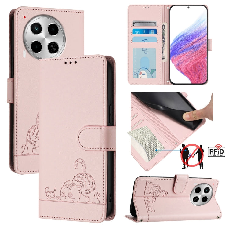 Cat Rat Embossed Pattern RFID Leather Phone Case with Lanyard, For Tecno Pova 6 4G, For Tecno Camon 30 Pro 5G, For Tecno Camon 30 5G CL7, For Tecno Camon 30 4G, For Tecno Camon 30 5G, For Tecno Spark 20 Pro+, For Tecno Spark 20 Pro, For Tecno Spark 20C...
