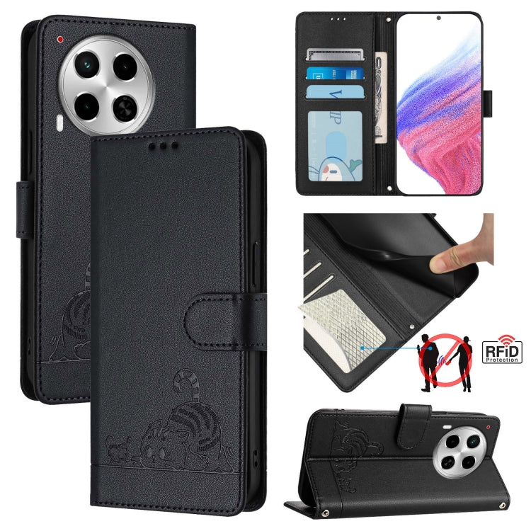 Cat Rat Embossed Pattern RFID Leather Phone Case with Lanyard, For Tecno Pova 6 4G, For Tecno Camon 30 Pro 5G, For Tecno Camon 30 5G CL7, For Tecno Camon 30 4G, For Tecno Camon 30 5G, For Tecno Spark 20 Pro+, For Tecno Spark 20 Pro, For Tecno Spark 20C...
