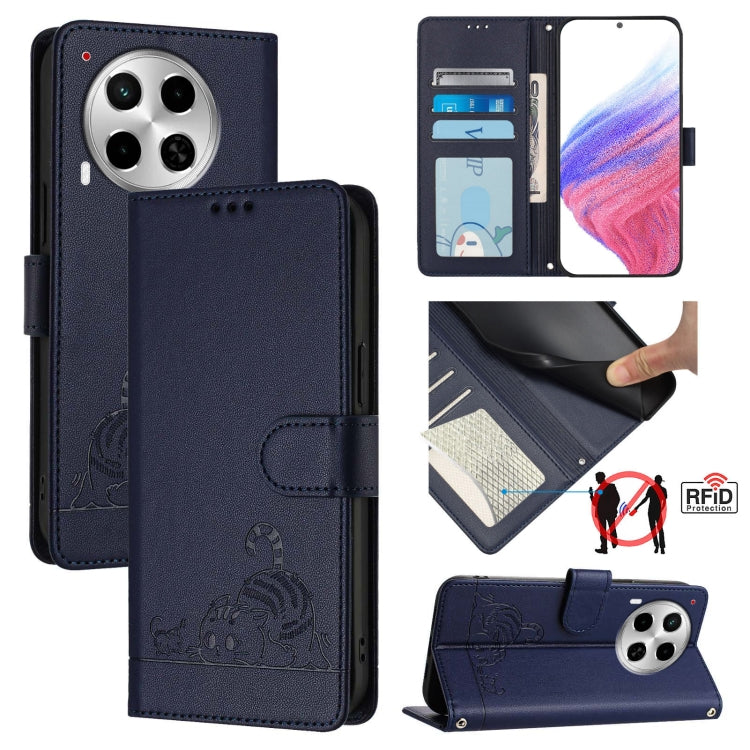 Cat Rat Embossed Pattern RFID Leather Phone Case with Lanyard, For Tecno Pova 6 4G, For Tecno Camon 30 Pro 5G, For Tecno Camon 30 5G CL7, For Tecno Camon 30 4G, For Tecno Camon 30 5G, For Tecno Spark 20 Pro+, For Tecno Spark 20 Pro, For Tecno Spark 20C...