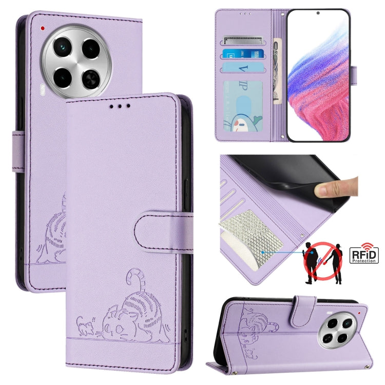 Cat Rat Embossed Pattern RFID Leather Phone Case with Lanyard, For Tecno Pova 6 4G, For Tecno Camon 30 Pro 5G, For Tecno Camon 30 5G CL7, For Tecno Camon 30 4G, For Tecno Camon 30 5G, For Tecno Spark 20 Pro+, For Tecno Spark 20 Pro, For Tecno Spark 20C...