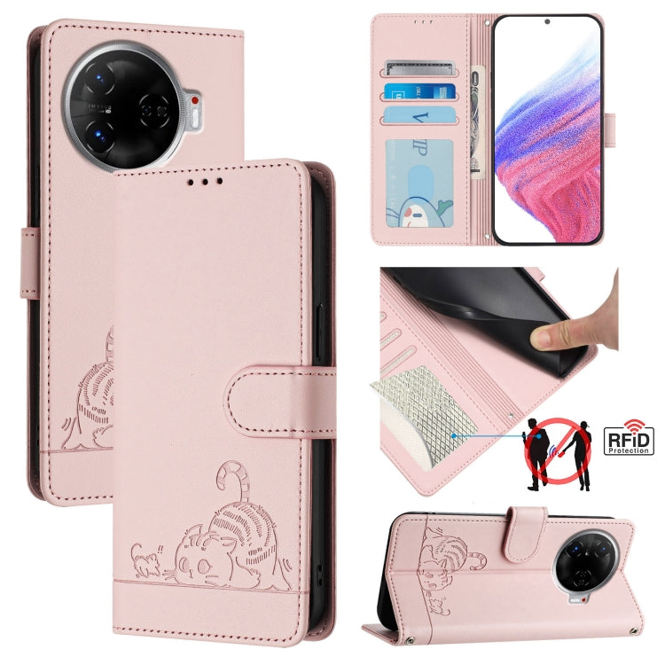 Cat Rat Embossed Pattern RFID Leather Phone Case with Lanyard, For Tecno Pova 6 4G, For Tecno Camon 30 Pro 5G, For Tecno Camon 30 5G CL7, For Tecno Camon 30 4G, For Tecno Camon 30 5G, For Tecno Spark 20 Pro+, For Tecno Spark 20 Pro, For Tecno Spark 20C...