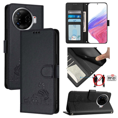 Cat Rat Embossed Pattern RFID Leather Phone Case with Lanyard, For Tecno Pova 6 4G, For Tecno Camon 30 Pro 5G, For Tecno Camon 30 5G CL7, For Tecno Camon 30 4G, For Tecno Camon 30 5G, For Tecno Spark 20 Pro+, For Tecno Spark 20 Pro, For Tecno Spark 20C...