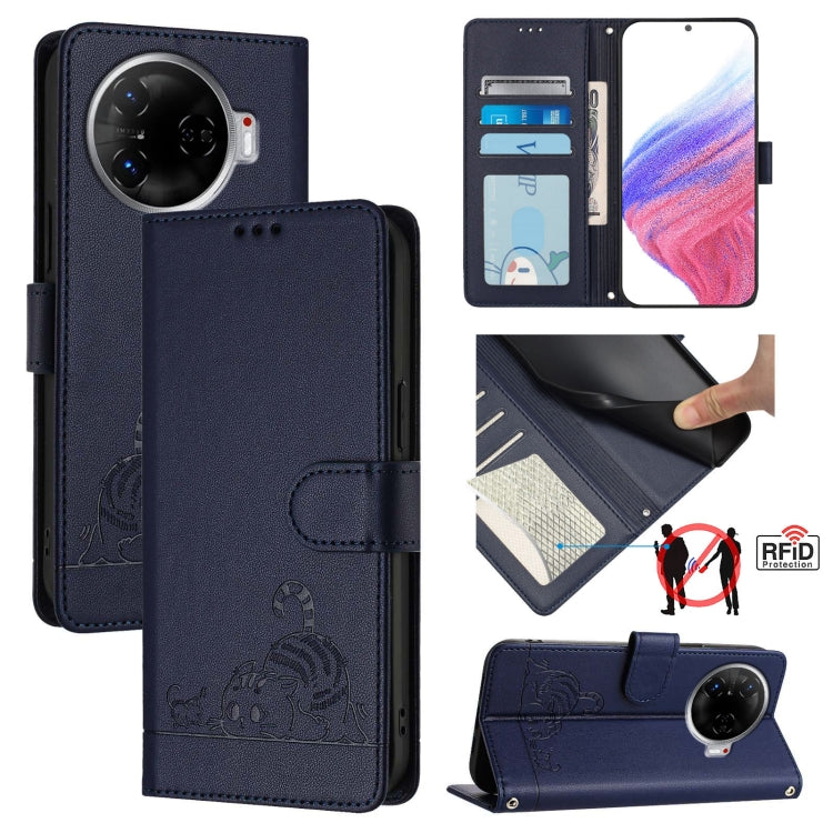 Cat Rat Embossed Pattern RFID Leather Phone Case with Lanyard, For Tecno Pova 6 4G, For Tecno Camon 30 Pro 5G, For Tecno Camon 30 5G CL7, For Tecno Camon 30 4G, For Tecno Camon 30 5G, For Tecno Spark 20 Pro+, For Tecno Spark 20 Pro, For Tecno Spark 20C...