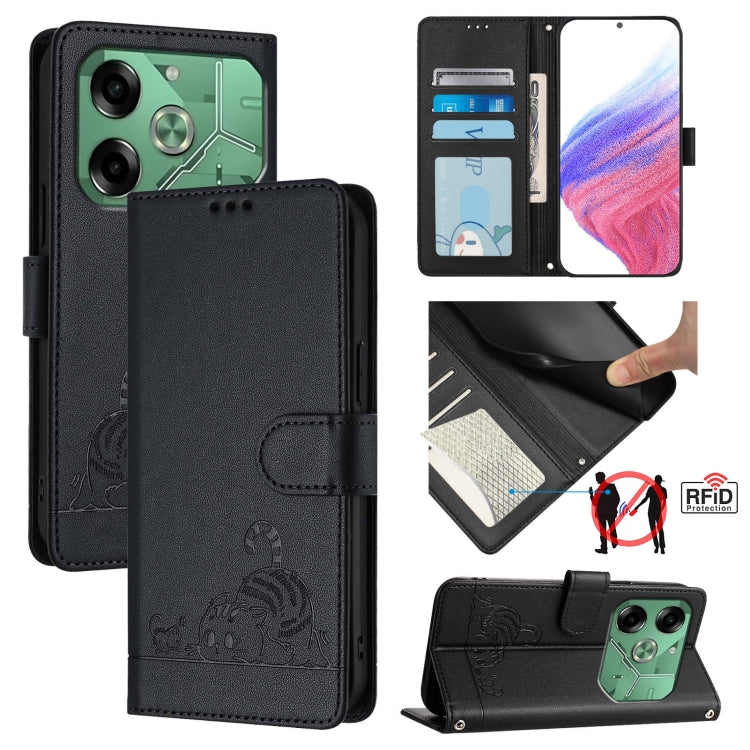 Cat Rat Embossed Pattern RFID Leather Phone Case with Lanyard, For Tecno Pova 6 4G, For Tecno Camon 30 Pro 5G, For Tecno Camon 30 5G CL7, For Tecno Camon 30 4G, For Tecno Camon 30 5G, For Tecno Spark 20 Pro+, For Tecno Spark 20 Pro, For Tecno Spark 20C...
