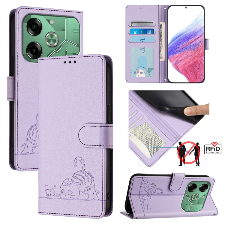 Cat Rat Embossed Pattern RFID Leather Phone Case with Lanyard, For Tecno Pova 6 4G, For Tecno Camon 30 Pro 5G, For Tecno Camon 30 5G CL7, For Tecno Camon 30 4G, For Tecno Camon 30 5G, For Tecno Spark 20 Pro+, For Tecno Spark 20 Pro, For Tecno Spark 20C...