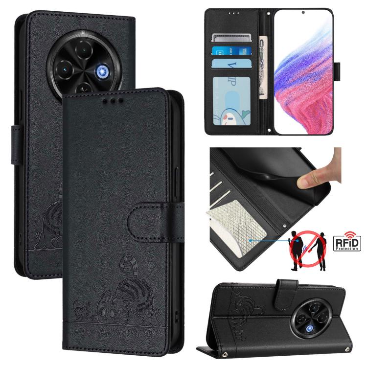 Cat Rat Embossed Pattern RFID Leather Phone Case with Lanyard, For Tecno Camon 50 Pro 4G, For Tecno Camon 50 4G, For Tecno Spark Slim 5G, For Tecno Camon 40 Premier, For Tecno Spark 30C 5G / Pop 9 5G, For Tecno Spark 30 5G                              ...