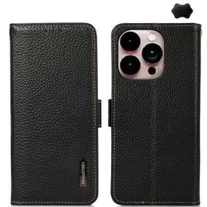 KHAZNEH Side-Magnetic Litchi Genuine Leather RFID Case, For iPhone 18 Pro / 17 Pro, For iPhone 18 Pro Max / 17 Pro Max, For iPhone 16e / 17e, For iPhone 17, For iPhone Air, For iPhone 16 Pro Max, For iPhone 16 Pro, For iPhone 16 Plus, For iPhone 16