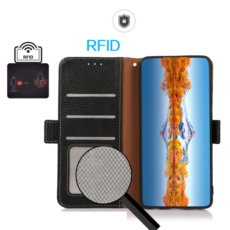 KHAZNEH Side-Magnetic Litchi Genuine Leather RFID Case, For iPhone 16e / 17e, For iPhone 17 Pro Max, For iPhone 17 Pro, For iPhone 17, For iPhone Air, For iPhone 16 Pro Max, For iPhone 16 Pro, For iPhone 16 Plus, For iPhone 16
