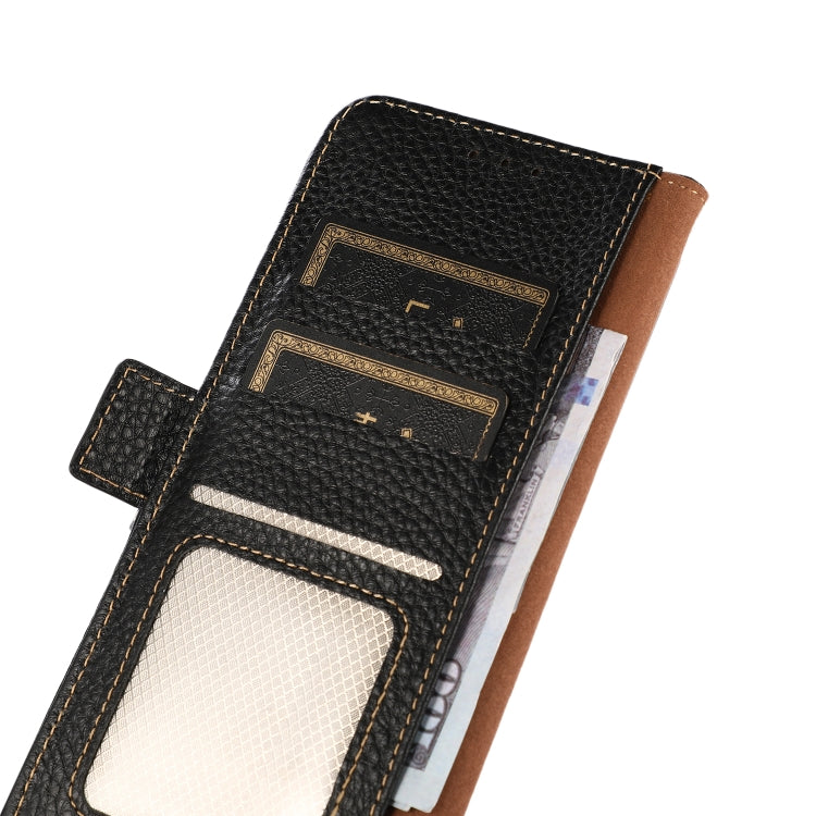 KHAZNEH Side-Magnetic Litchi Genuine Leather RFID Case, For iPhone 16e / 17e, For iPhone 17 Pro Max, For iPhone 17 Pro, For iPhone 17, For iPhone Air, For iPhone 16 Pro Max, For iPhone 16 Pro, For iPhone 16 Plus, For iPhone 16