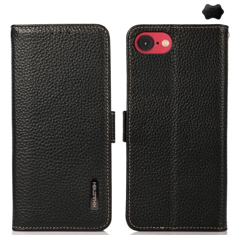 KHAZNEH Side-Magnetic Litchi Genuine Leather RFID Case, For iPhone 16e / 17e, For iPhone 17 Pro Max, For iPhone 17 Pro, For iPhone 17, For iPhone Air, For iPhone 16 Pro Max, For iPhone 16 Pro, For iPhone 16 Plus, For iPhone 16