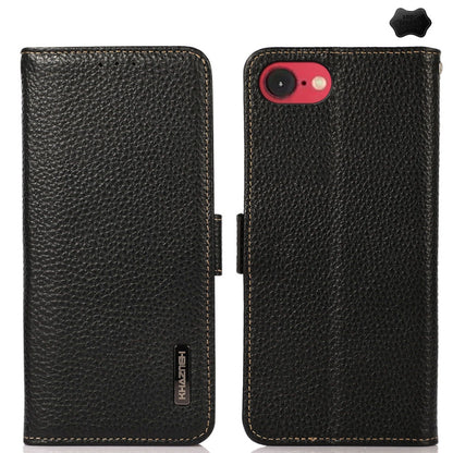 KHAZNEH Side-Magnetic Litchi Genuine Leather RFID Case, For iPhone 16e / 17e, For iPhone 17 Pro Max, For iPhone 17 Pro, For iPhone 17, For iPhone Air, For iPhone 16 Pro Max, For iPhone 16 Pro, For iPhone 16 Plus, For iPhone 16