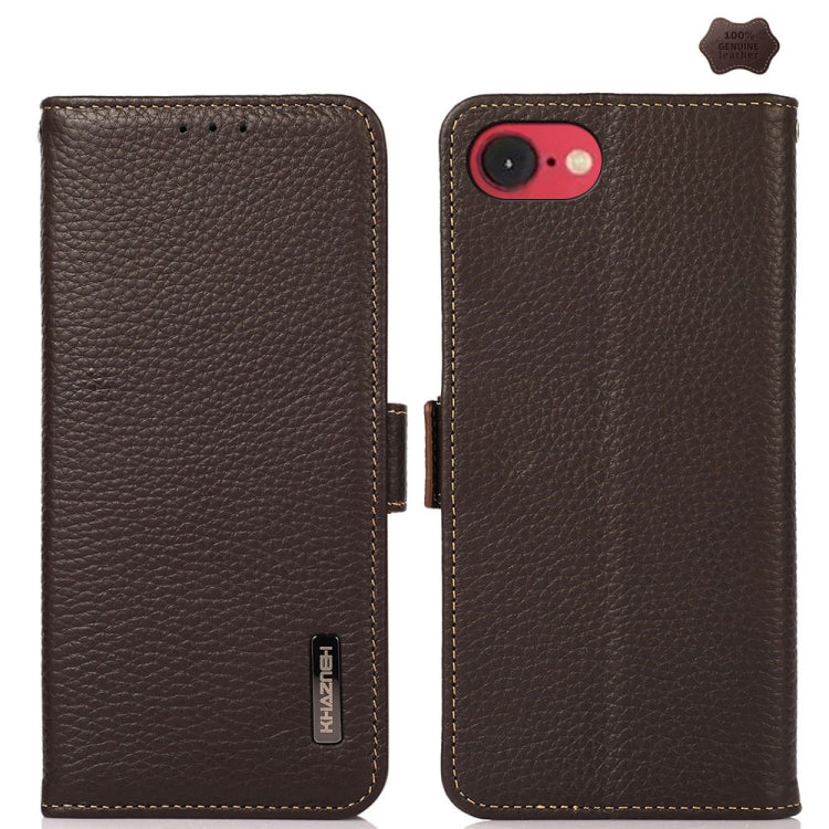 KHAZNEH Side-Magnetic Litchi Genuine Leather RFID Case, For iPhone 16e / 17e, For iPhone 17 Pro Max, For iPhone 17 Pro, For iPhone 17, For iPhone Air, For iPhone 16 Pro Max, For iPhone 16 Pro, For iPhone 16 Plus, For iPhone 16