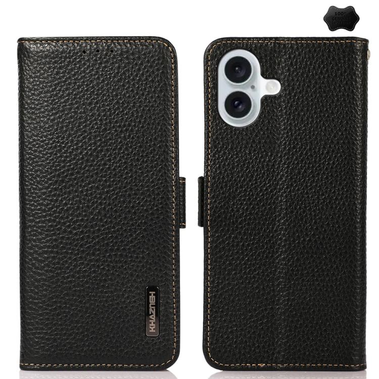 KHAZNEH Side-Magnetic Litchi Genuine Leather RFID Case, For iPhone 16e / 17e, For iPhone 17 Pro Max, For iPhone 17 Pro, For iPhone 17, For iPhone Air, For iPhone 16 Pro Max, For iPhone 16 Pro, For iPhone 16 Plus, For iPhone 16