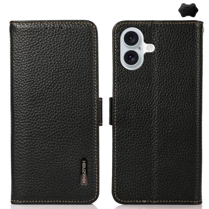 KHAZNEH Side-Magnetic Litchi Genuine Leather RFID Case, For iPhone 16e / 17e, For iPhone 17 Pro Max, For iPhone 17 Pro, For iPhone 17, For iPhone Air, For iPhone 16 Pro Max, For iPhone 16 Pro, For iPhone 16 Plus, For iPhone 16