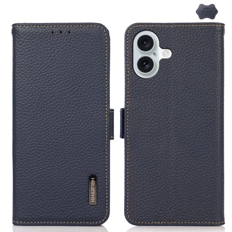 KHAZNEH Side-Magnetic Litchi Genuine Leather RFID Case, For iPhone 16e / 17e, For iPhone 17 Pro Max, For iPhone 17 Pro, For iPhone 17, For iPhone Air, For iPhone 16 Pro Max, For iPhone 16 Pro, For iPhone 16 Plus, For iPhone 16