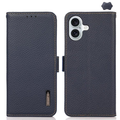 KHAZNEH Side-Magnetic Litchi Genuine Leather RFID Case, For iPhone 16e / 17e, For iPhone 17 Pro Max, For iPhone 17 Pro, For iPhone 17, For iPhone Air, For iPhone 16 Pro Max, For iPhone 16 Pro, For iPhone 16 Plus, For iPhone 16