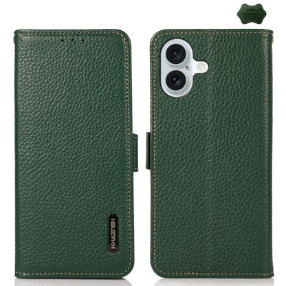 KHAZNEH Side-Magnetic Litchi Genuine Leather RFID Case, For iPhone 16e / 17e, For iPhone 17 Pro Max, For iPhone 17 Pro, For iPhone 17, For iPhone Air, For iPhone 16 Pro Max, For iPhone 16 Pro, For iPhone 16 Plus, For iPhone 16