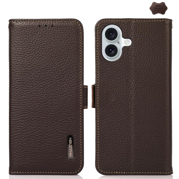 KHAZNEH Side-Magnetic Litchi Genuine Leather RFID Case, For iPhone 16e / 17e, For iPhone 17 Pro Max, For iPhone 17 Pro, For iPhone 17, For iPhone Air, For iPhone 16 Pro Max, For iPhone 16 Pro, For iPhone 16 Plus, For iPhone 16