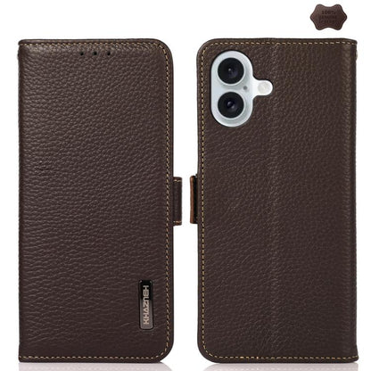 KHAZNEH Side-Magnetic Litchi Genuine Leather RFID Case, For iPhone 16e / 17e, For iPhone 17 Pro Max, For iPhone 17 Pro, For iPhone 17, For iPhone Air, For iPhone 16 Pro Max, For iPhone 16 Pro, For iPhone 16 Plus, For iPhone 16