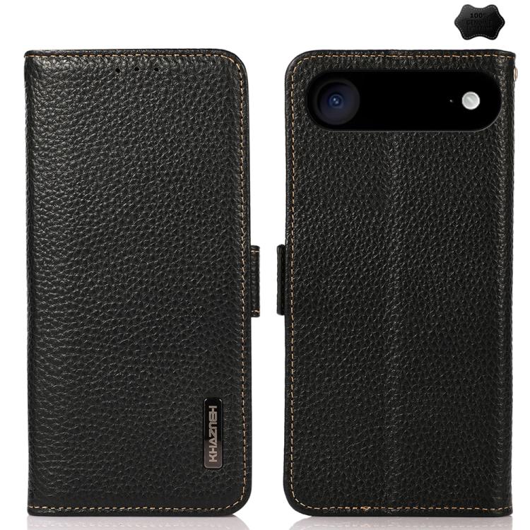 KHAZNEH Side-Magnetic Litchi Genuine Leather RFID Case, For iPhone 16e / 17e, For iPhone 17 Pro Max, For iPhone 17 Pro, For iPhone 17, For iPhone Air, For iPhone 16 Pro Max, For iPhone 16 Pro, For iPhone 16 Plus, For iPhone 16