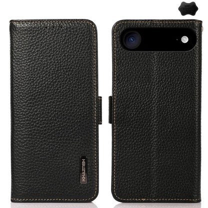 KHAZNEH Side-Magnetic Litchi Genuine Leather RFID Case, For iPhone 16e / 17e, For iPhone 17 Pro Max, For iPhone 17 Pro, For iPhone 17, For iPhone Air, For iPhone 16 Pro Max, For iPhone 16 Pro, For iPhone 16 Plus, For iPhone 16