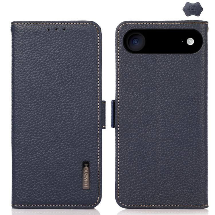 KHAZNEH Side-Magnetic Litchi Genuine Leather RFID Case, For iPhone 16e / 17e, For iPhone 17 Pro Max, For iPhone 17 Pro, For iPhone 17, For iPhone Air, For iPhone 16 Pro Max, For iPhone 16 Pro, For iPhone 16 Plus, For iPhone 16