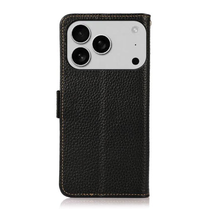 KHAZNEH Side-Magnetic Litchi Genuine Leather RFID Case, For iPhone 18 Pro / 17 Pro, For iPhone 18 Pro Max / 17 Pro Max, For iPhone 16e / 17e, For iPhone 17, For iPhone Air, For iPhone 16 Pro Max, For iPhone 16 Pro, For iPhone 16 Plus, For iPhone 16