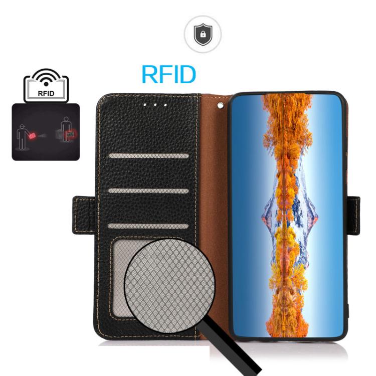 KHAZNEH Side-Magnetic Litchi Genuine Leather RFID Case, For iPhone 18 Pro / 17 Pro, For iPhone 18 Pro Max / 17 Pro Max, For iPhone 16e / 17e, For iPhone 17, For iPhone Air, For iPhone 16 Pro Max, For iPhone 16 Pro, For iPhone 16 Plus, For iPhone 16