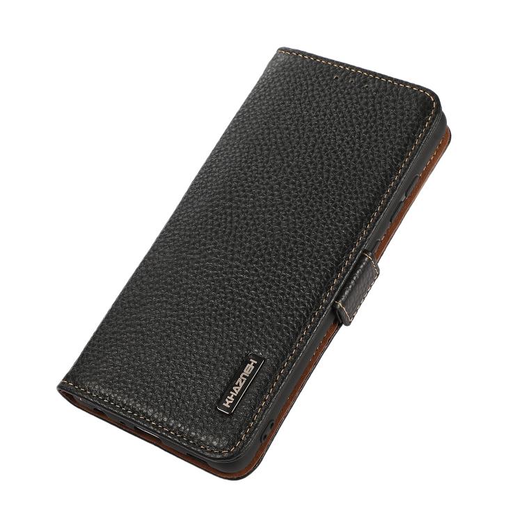 KHAZNEH Side-Magnetic Litchi Genuine Leather RFID Case, For iPhone 18 Pro / 17 Pro, For iPhone 18 Pro Max / 17 Pro Max, For iPhone 16e / 17e, For iPhone 17, For iPhone Air, For iPhone 16 Pro Max, For iPhone 16 Pro, For iPhone 16 Plus, For iPhone 16