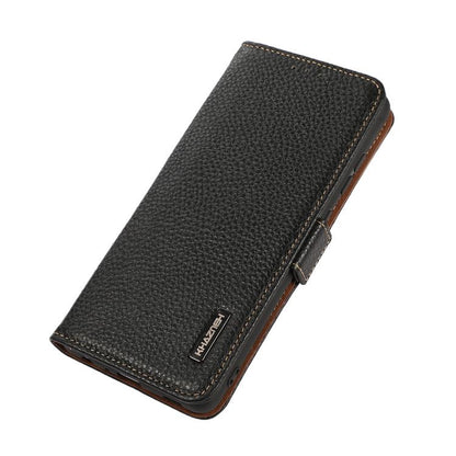 KHAZNEH Side-Magnetic Litchi Genuine Leather RFID Case, For iPhone 18 Pro / 17 Pro, For iPhone 18 Pro Max / 17 Pro Max, For iPhone 16e / 17e, For iPhone 17, For iPhone Air, For iPhone 16 Pro Max, For iPhone 16 Pro, For iPhone 16 Plus, For iPhone 16