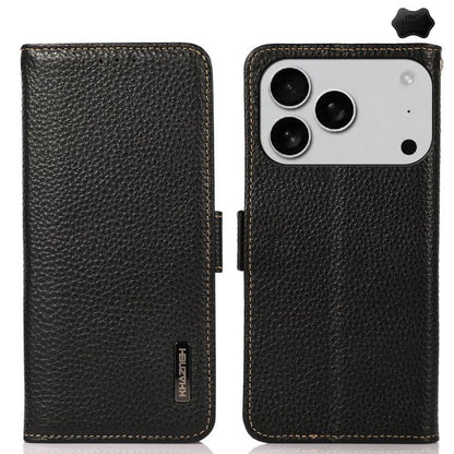 KHAZNEH Side-Magnetic Litchi Genuine Leather RFID Case, For iPhone 16e / 17e, For iPhone 17 Pro Max, For iPhone 17 Pro, For iPhone 17, For iPhone Air, For iPhone 16 Pro Max, For iPhone 16 Pro, For iPhone 16 Plus, For iPhone 16