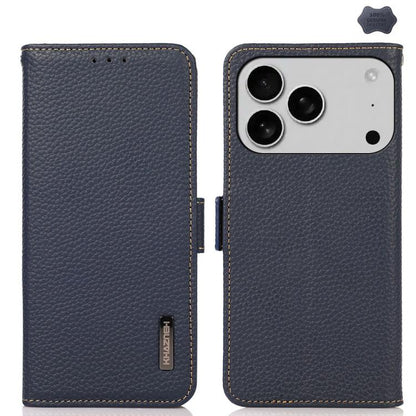 KHAZNEH Side-Magnetic Litchi Genuine Leather RFID Case, For iPhone 16e / 17e, For iPhone 17 Pro Max, For iPhone 17 Pro, For iPhone 17, For iPhone Air, For iPhone 16 Pro Max, For iPhone 16 Pro, For iPhone 16 Plus, For iPhone 16