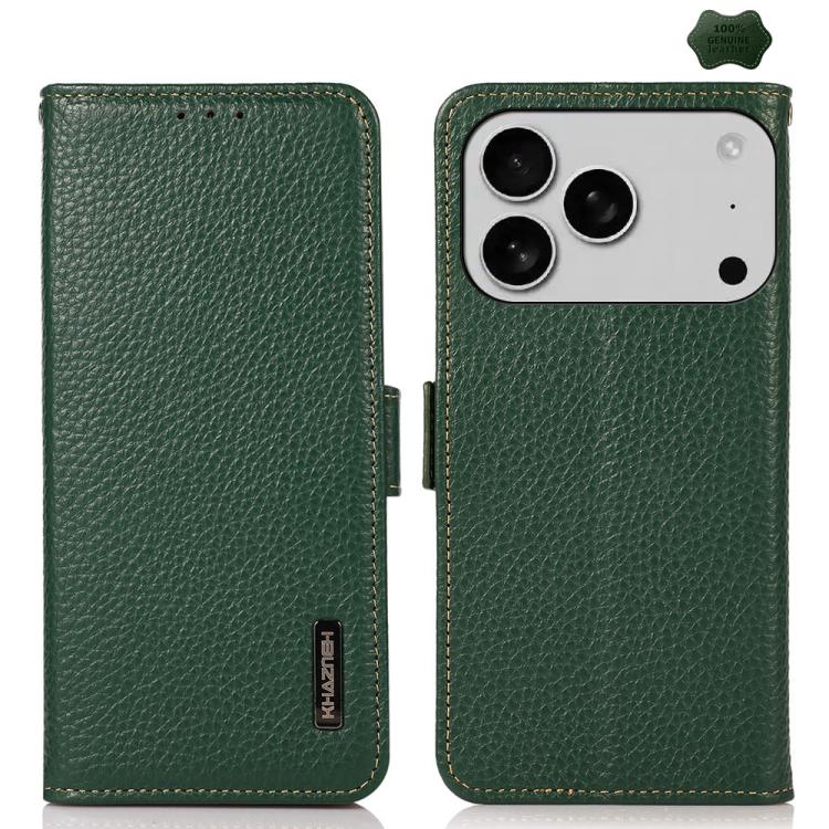 KHAZNEH Side-Magnetic Litchi Genuine Leather RFID Case, For iPhone 16e / 17e, For iPhone 17 Pro Max, For iPhone 17 Pro, For iPhone 17, For iPhone Air, For iPhone 16 Pro Max, For iPhone 16 Pro, For iPhone 16 Plus, For iPhone 16