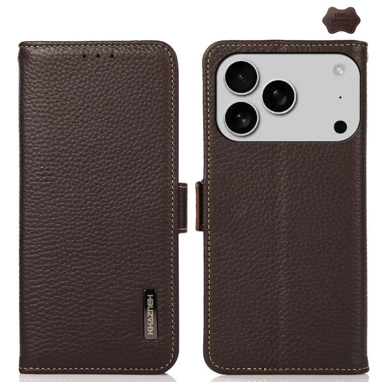 KHAZNEH Side-Magnetic Litchi Genuine Leather RFID Case, For iPhone 16e / 17e, For iPhone 17 Pro Max, For iPhone 17 Pro, For iPhone 17, For iPhone Air, For iPhone 16 Pro Max, For iPhone 16 Pro, For iPhone 16 Plus, For iPhone 16