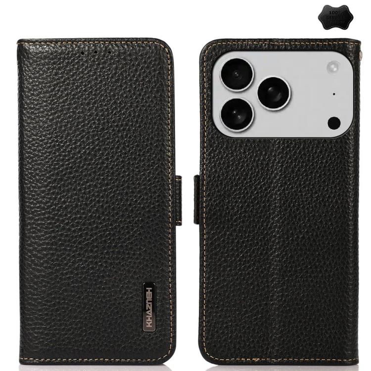 KHAZNEH Side-Magnetic Litchi Genuine Leather RFID Case, For iPhone 16e / 17e, For iPhone 17 Pro Max, For iPhone 17 Pro, For iPhone 17, For iPhone Air, For iPhone 16 Pro Max, For iPhone 16 Pro, For iPhone 16 Plus, For iPhone 16