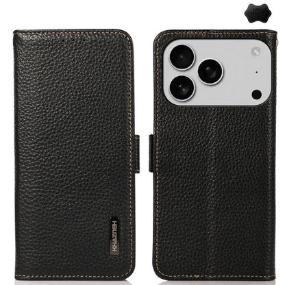 KHAZNEH Side-Magnetic Litchi Genuine Leather RFID Case, For iPhone 16e / 17e, For iPhone 17 Pro Max, For iPhone 17 Pro, For iPhone 17, For iPhone Air, For iPhone 16 Pro Max, For iPhone 16 Pro, For iPhone 16 Plus, For iPhone 16