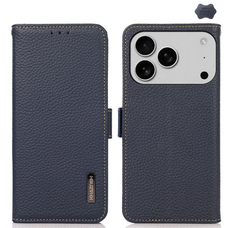 KHAZNEH Side-Magnetic Litchi Genuine Leather RFID Case, For iPhone 16e / 17e, For iPhone 17 Pro Max, For iPhone 17 Pro, For iPhone 17, For iPhone Air, For iPhone 16 Pro Max, For iPhone 16 Pro, For iPhone 16 Plus, For iPhone 16