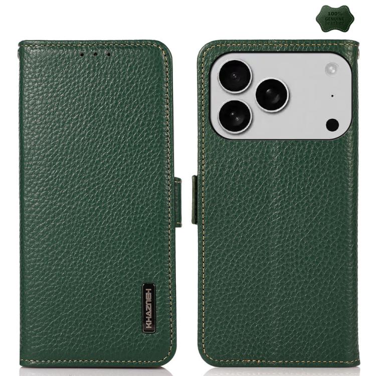 KHAZNEH Side-Magnetic Litchi Genuine Leather RFID Case, For iPhone 16e / 17e, For iPhone 17 Pro Max, For iPhone 17 Pro, For iPhone 17, For iPhone Air, For iPhone 16 Pro Max, For iPhone 16 Pro, For iPhone 16 Plus, For iPhone 16
