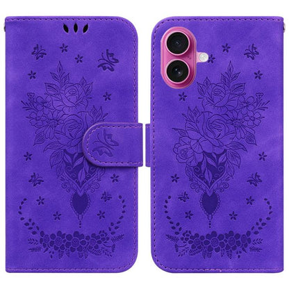 Butterfly Rose Embossed Leather Phone Case, For iPhone 17e / 16e, For iPhone 17 Pro Max, For iPhone 17 Pro, For iPhone 17, For iPhone Air, For iPhone 16 Pro Max, For iPhone 16 Pro, For iPhone 16 Plus, For iPhone 16